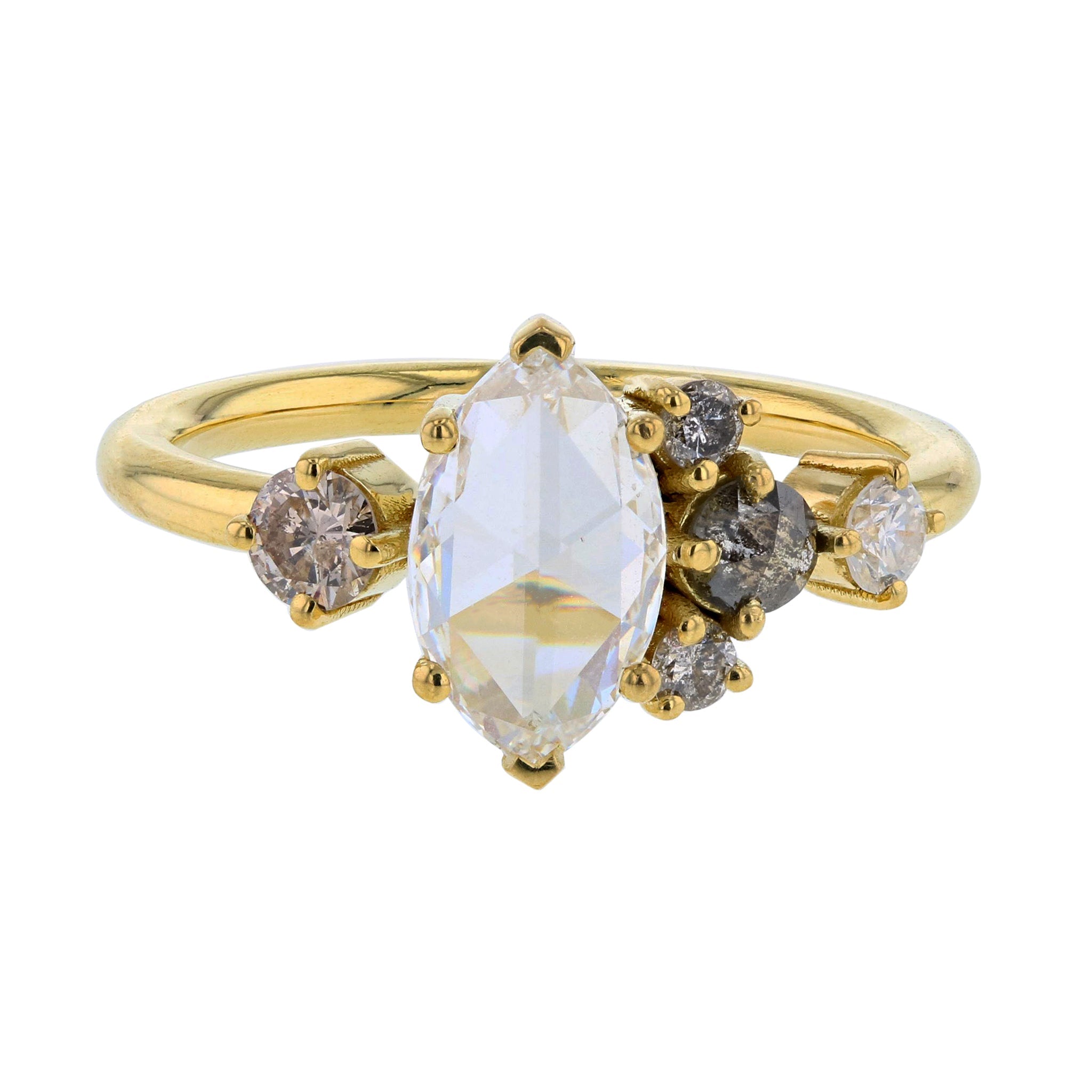 Rose Cut Marquise Diamond Engagement Ring with Salt & Pepper Side Stones