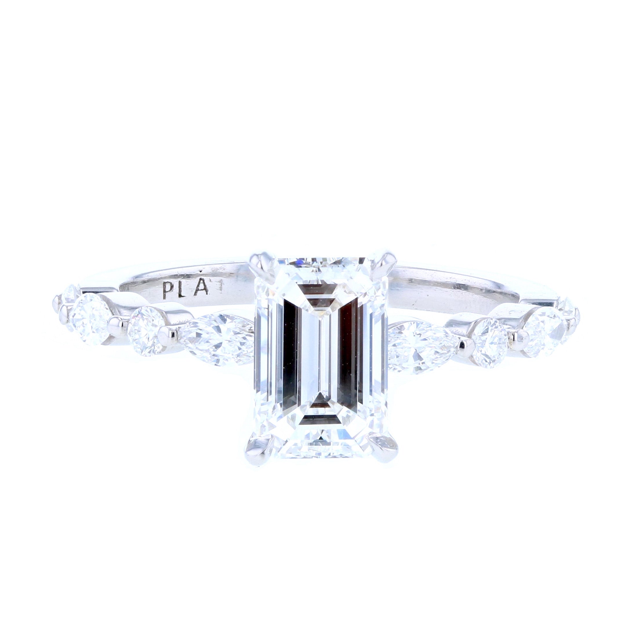 Emerald Cut Diamond Engagement Ring with Dot Marquise Scalloped Shank