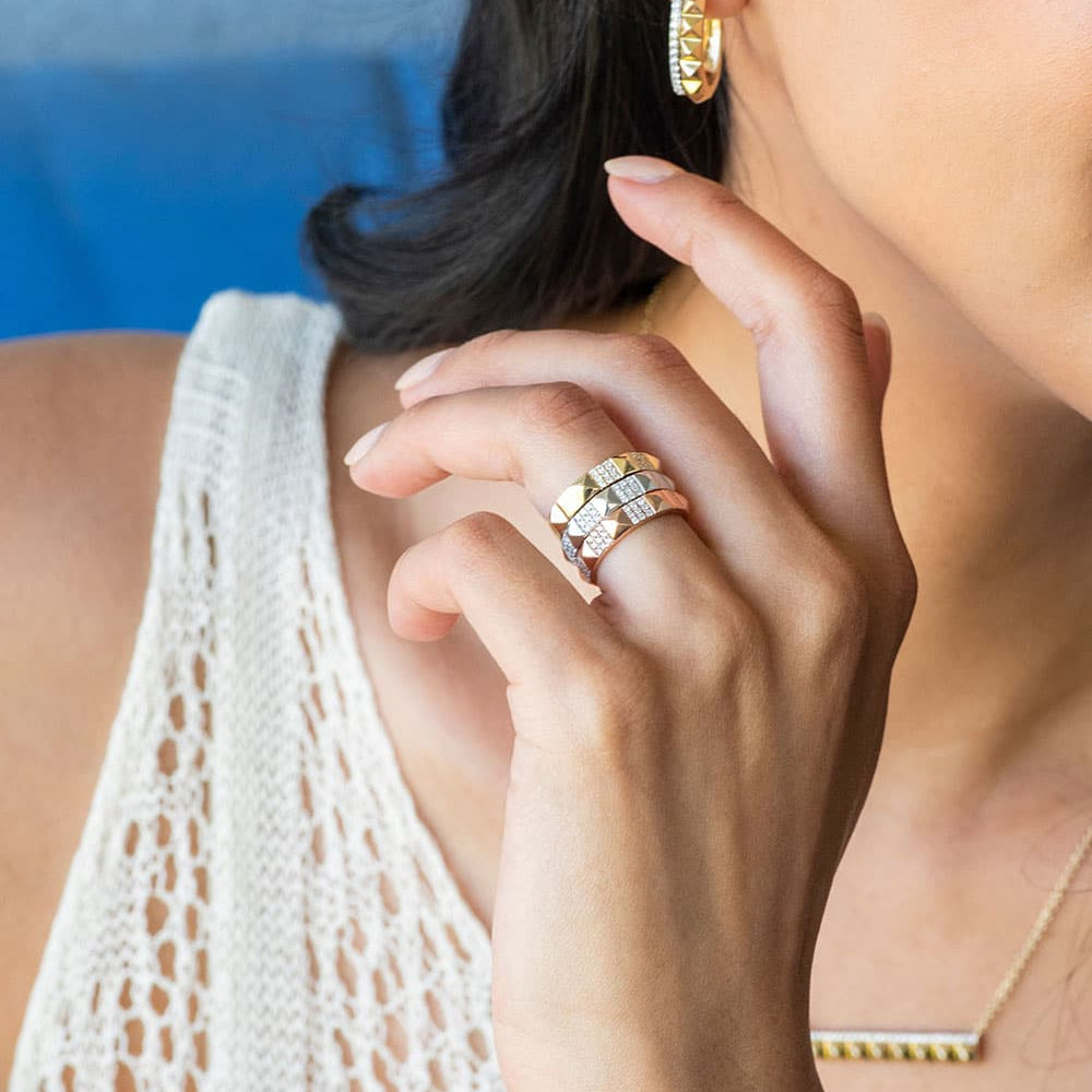 Model Wearing Three Diamond Rings