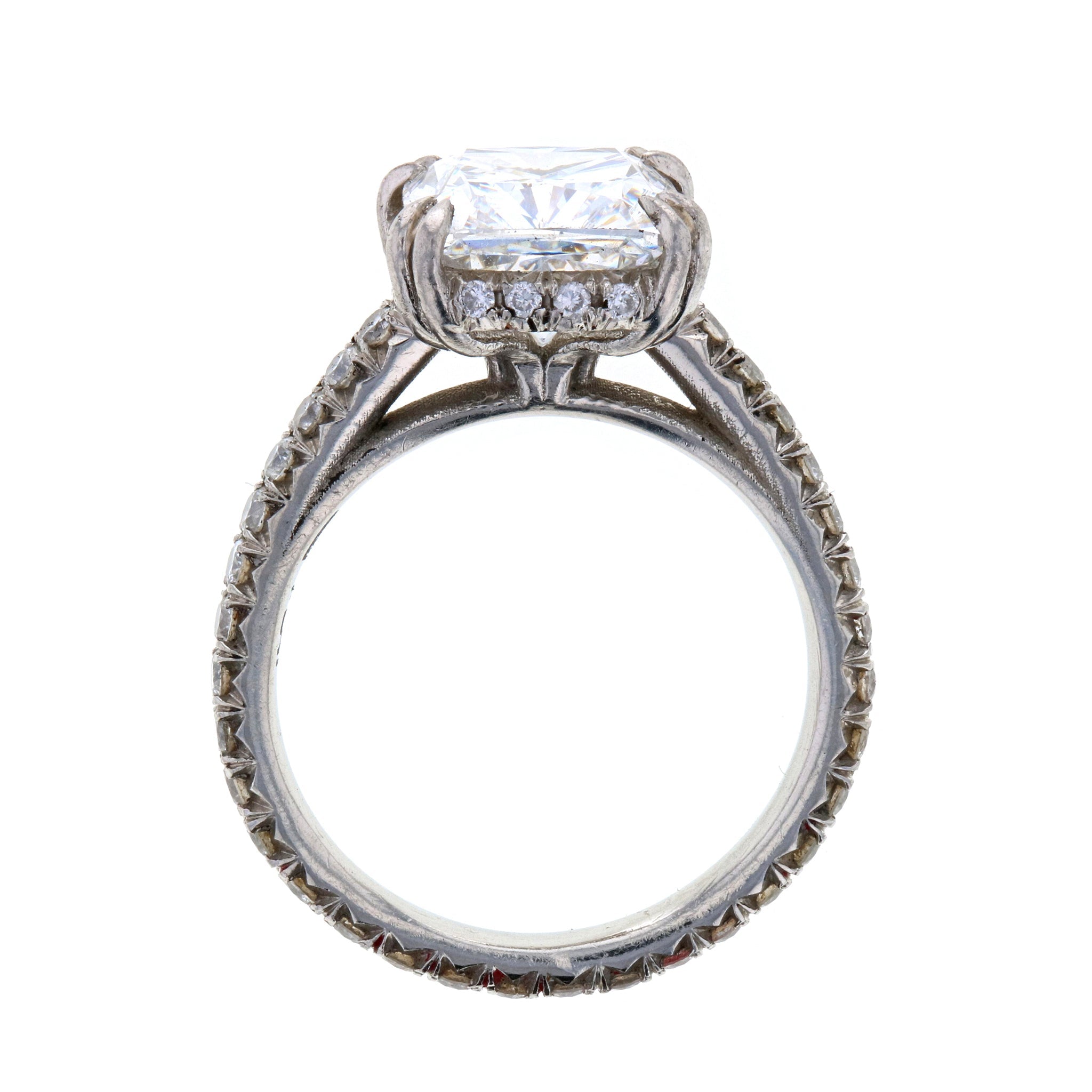 Cushion Diamond Engagement Ring with French Pave with Hidden Halo
