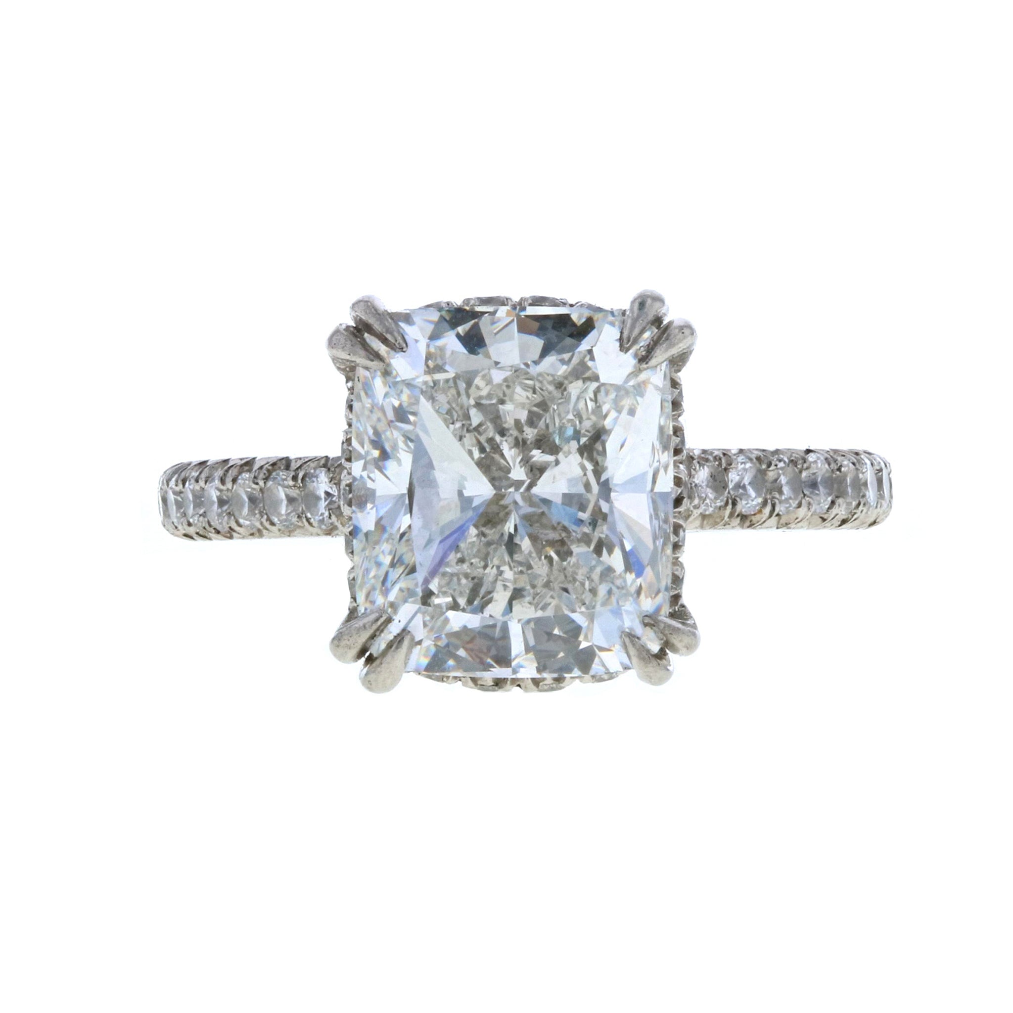 Cushion Diamond Engagement Ring with French Pave with Hidden Halo
