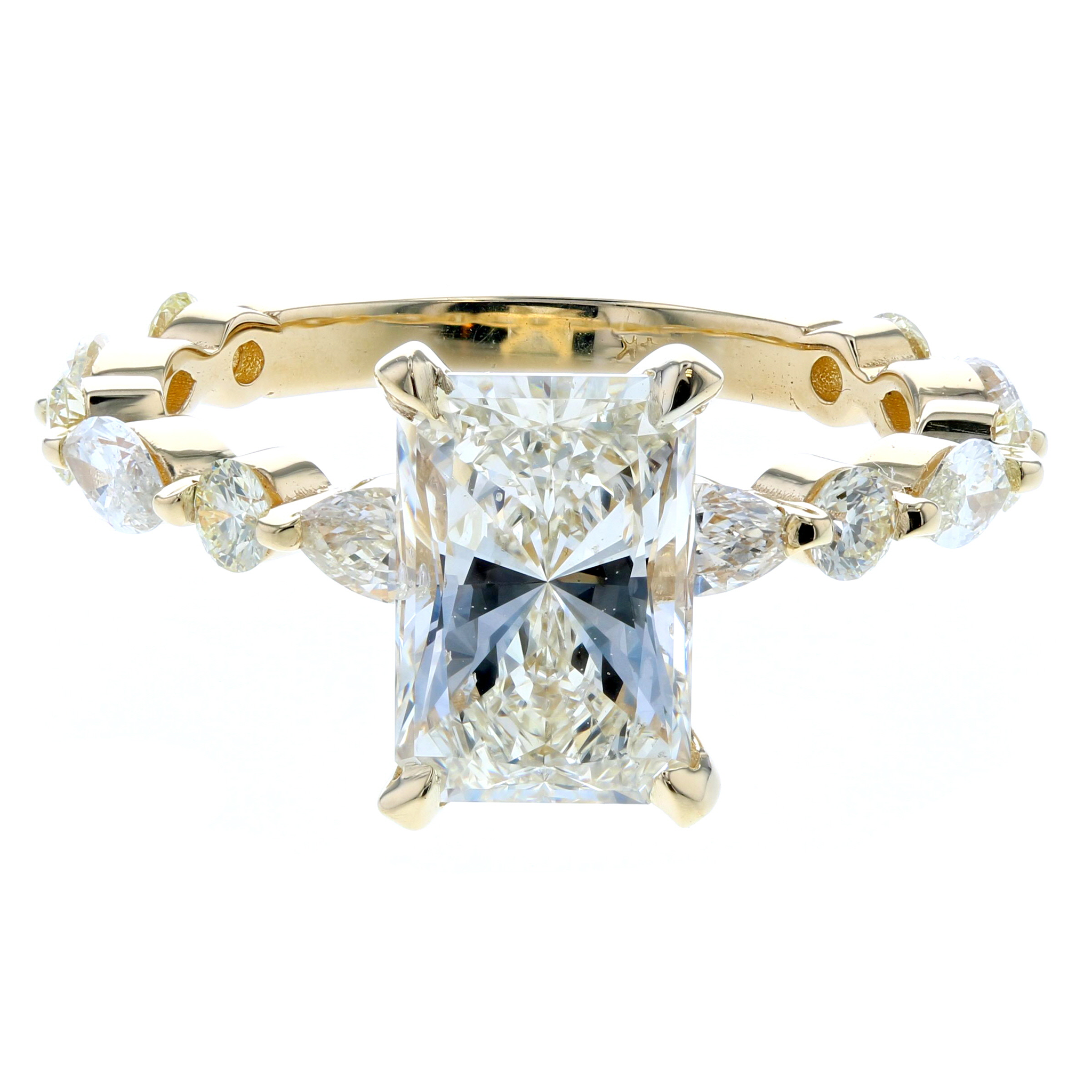 Radiant Cut Diamond Engagement Ring with Dot Marquise Scalloped Shank in Yellow Gold